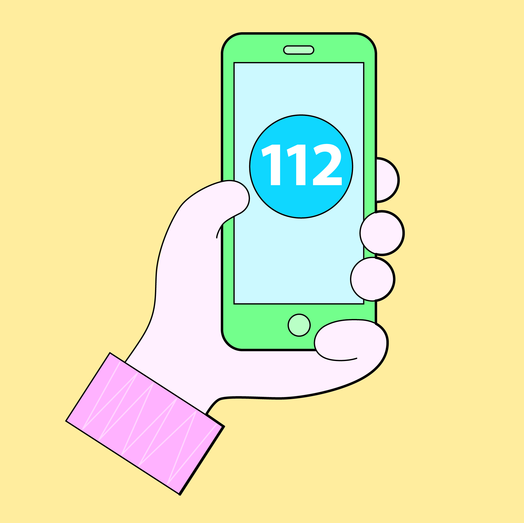 En illustration av en hand som håller i en telefon där nödnumret 112 syns.