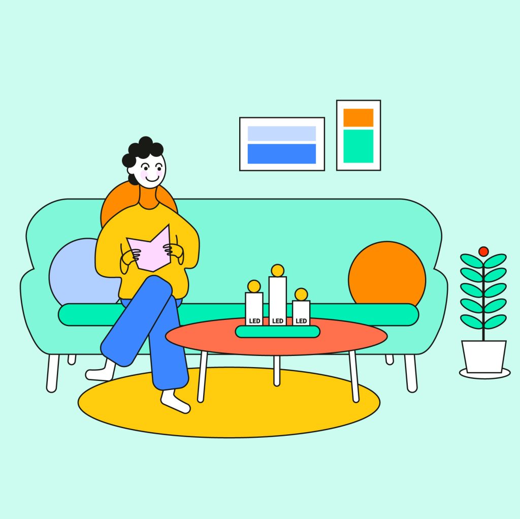 Illustration av en person som sitter i soffan och läser en tidning och tittat på några tända led-ljus som står på ett bord.