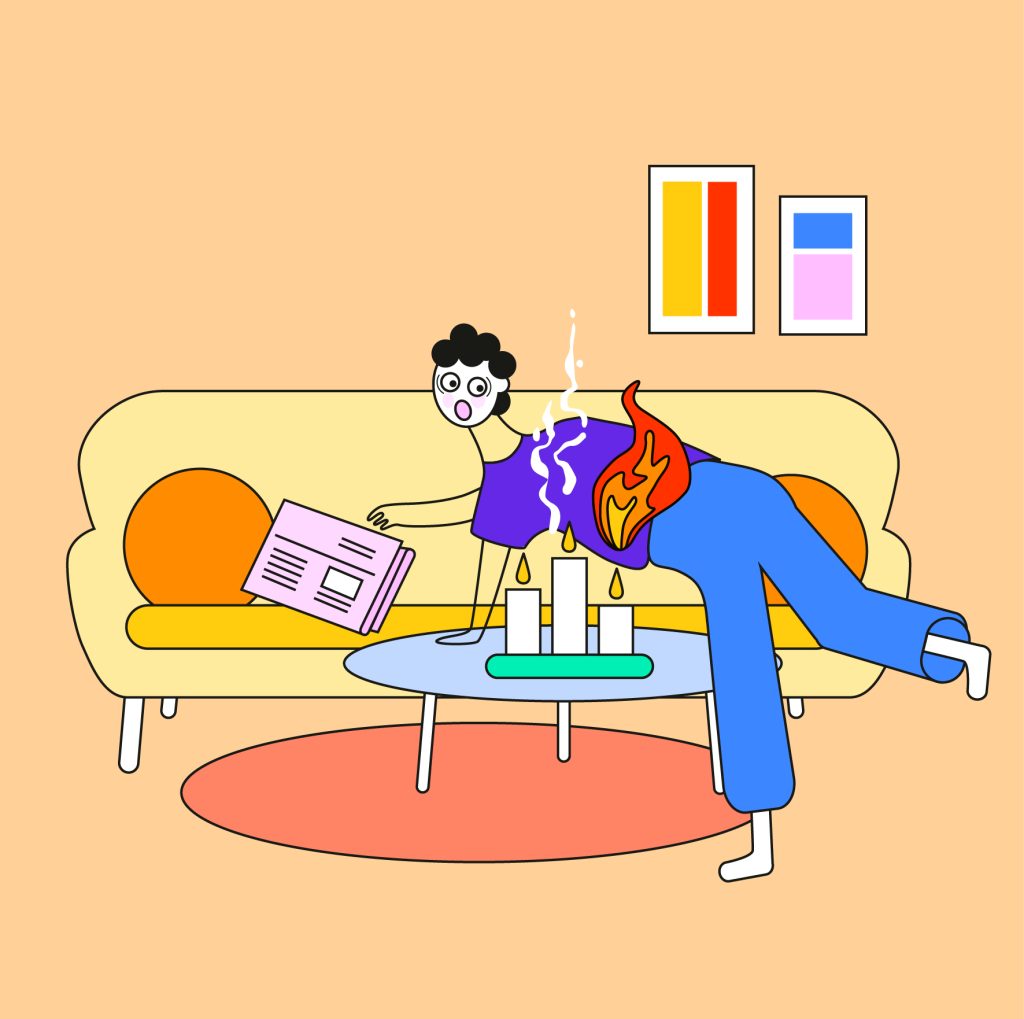 Illustration av en person som lutar sig över några tända ljus som står på ett soffbord. Tröjan på personen fattar eld.