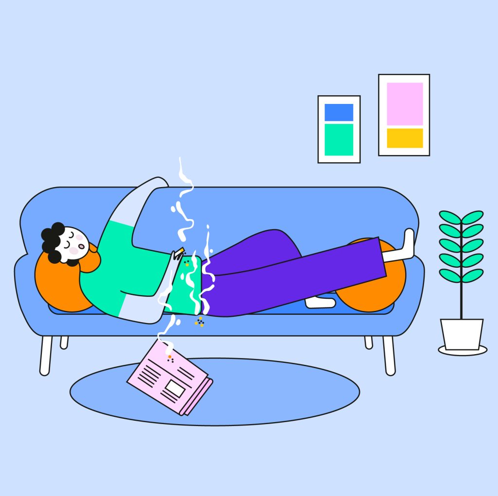 Illustration av en person som ligger och vilar i en soffa, och röker samtidigt. Det syns rök från soffan och en tidning som ligger på golvet bredvid soffan.