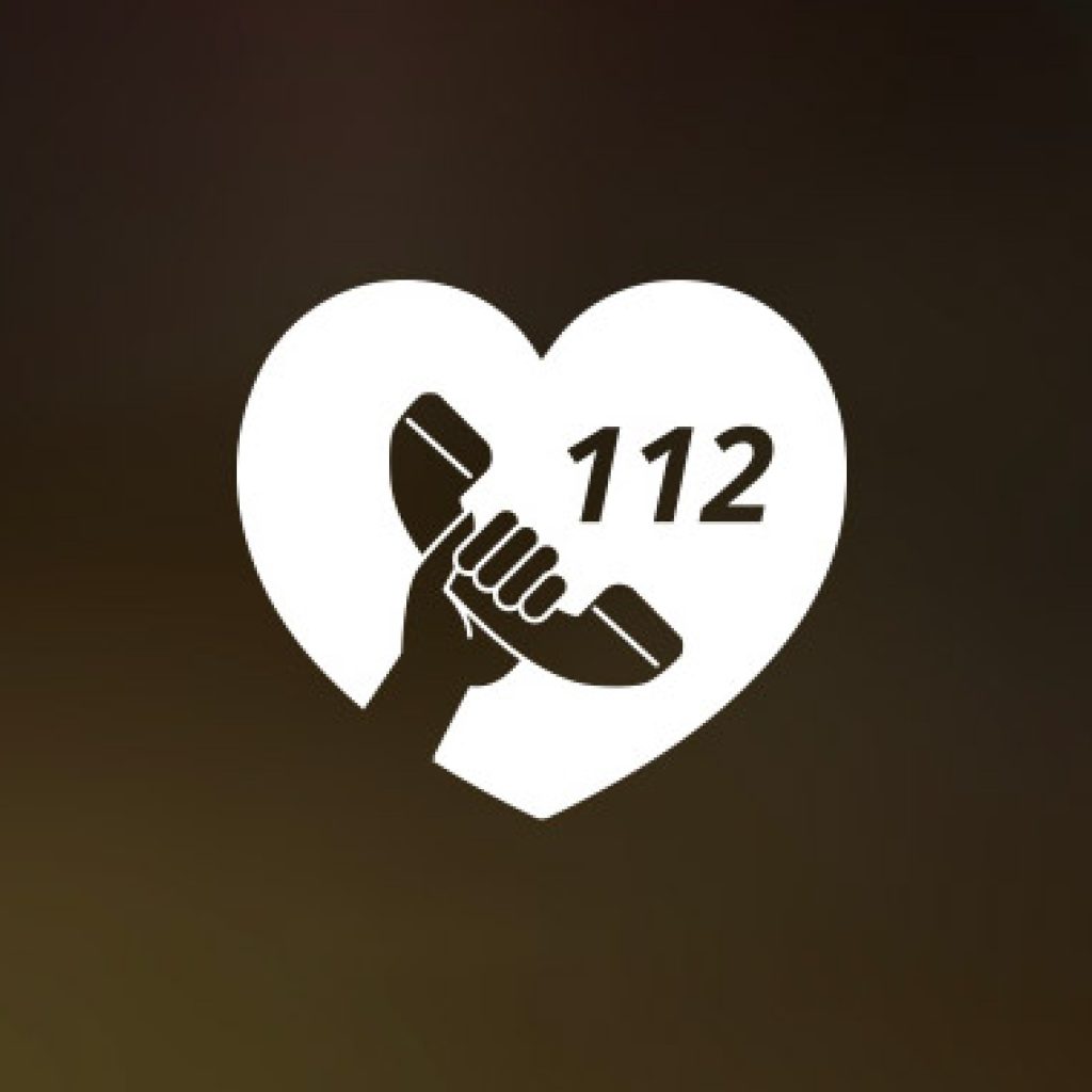 Ikon som visar en hand som håller i en telefon, samt numret 112.